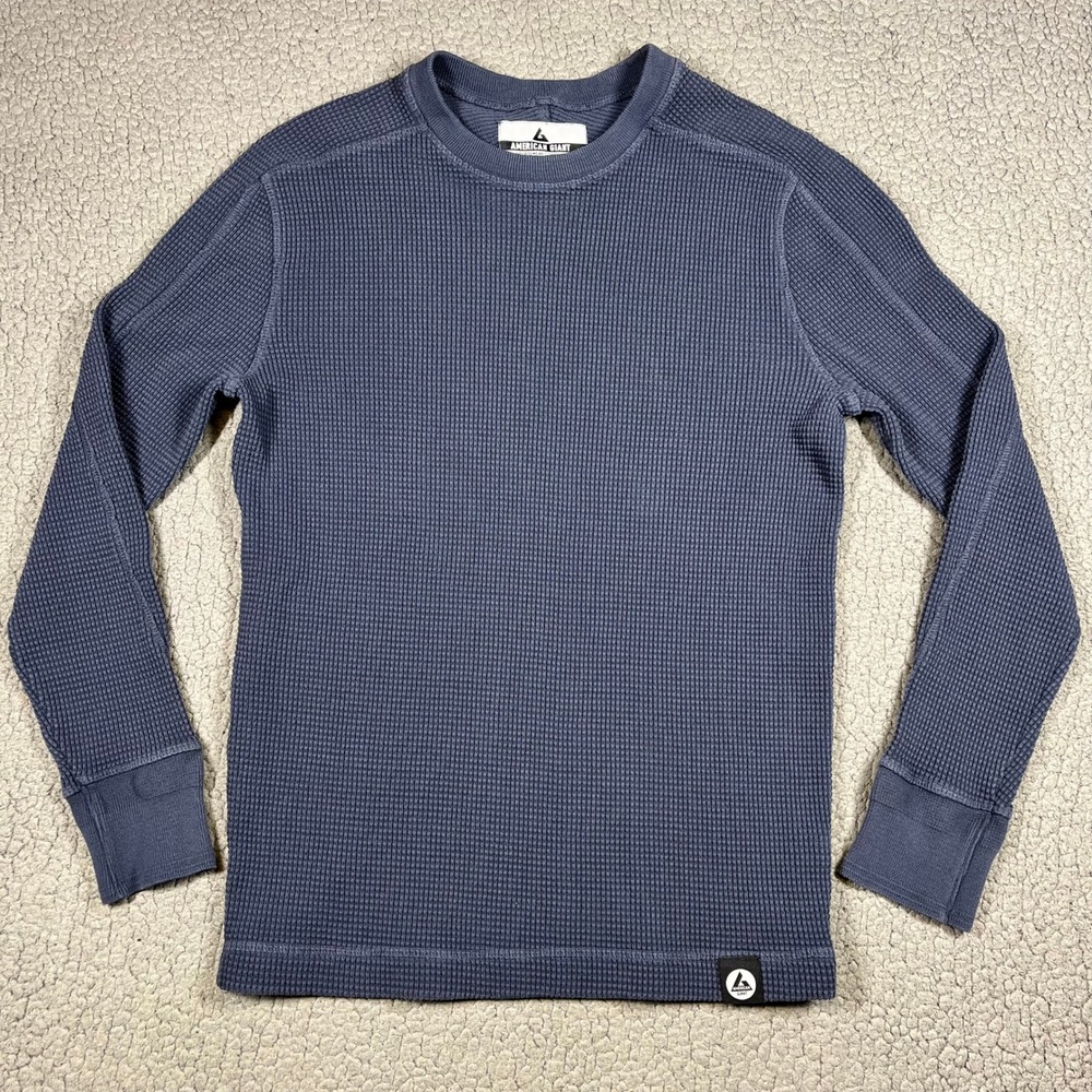 American Giant Waffle Knit Thermal Long Sleeve Shirt Navy Blue Mens Small USA